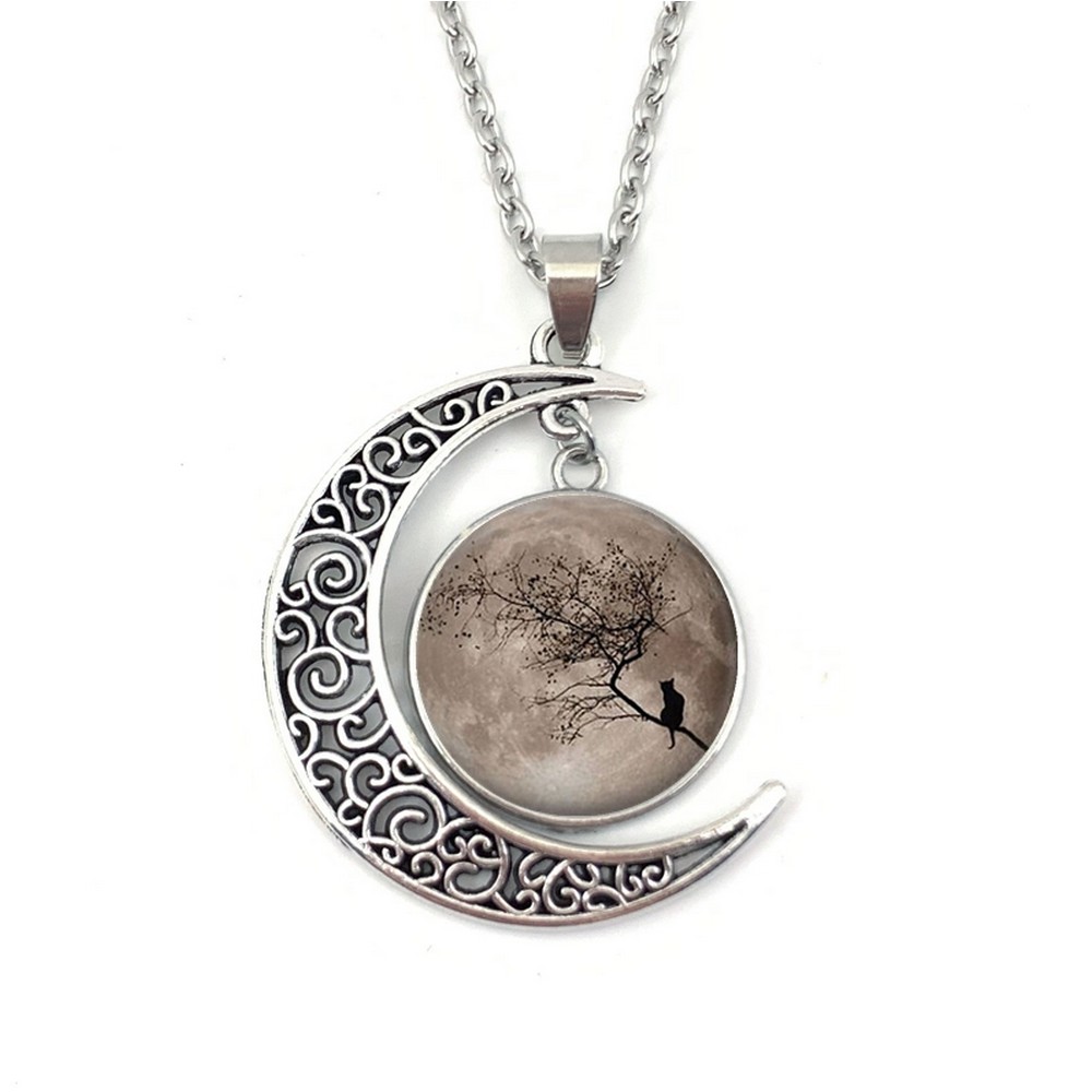 Collier pendentif Cabochon décor Chat et Lune marron - La BoutiK du Chat