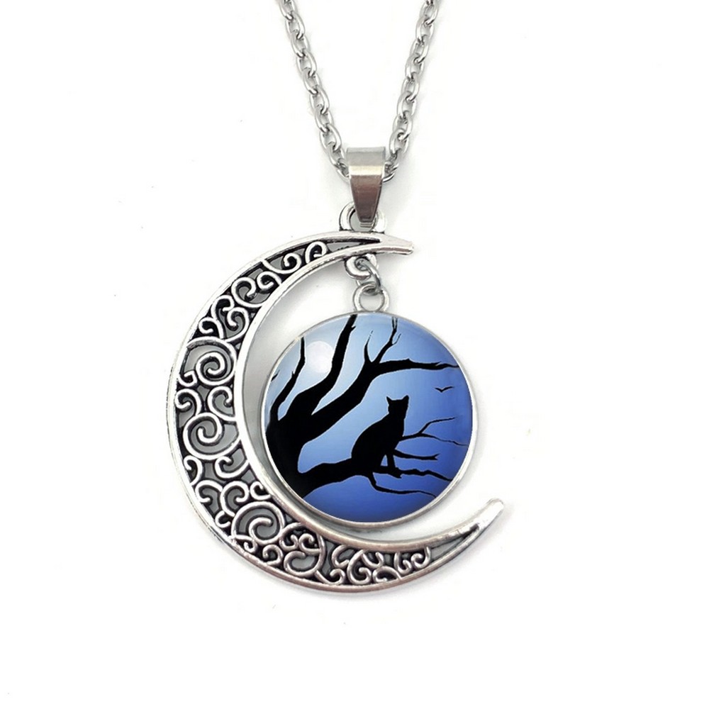 Collier pendentif Cabochon décor Chat et Lune violet- La BoutiK du Chat