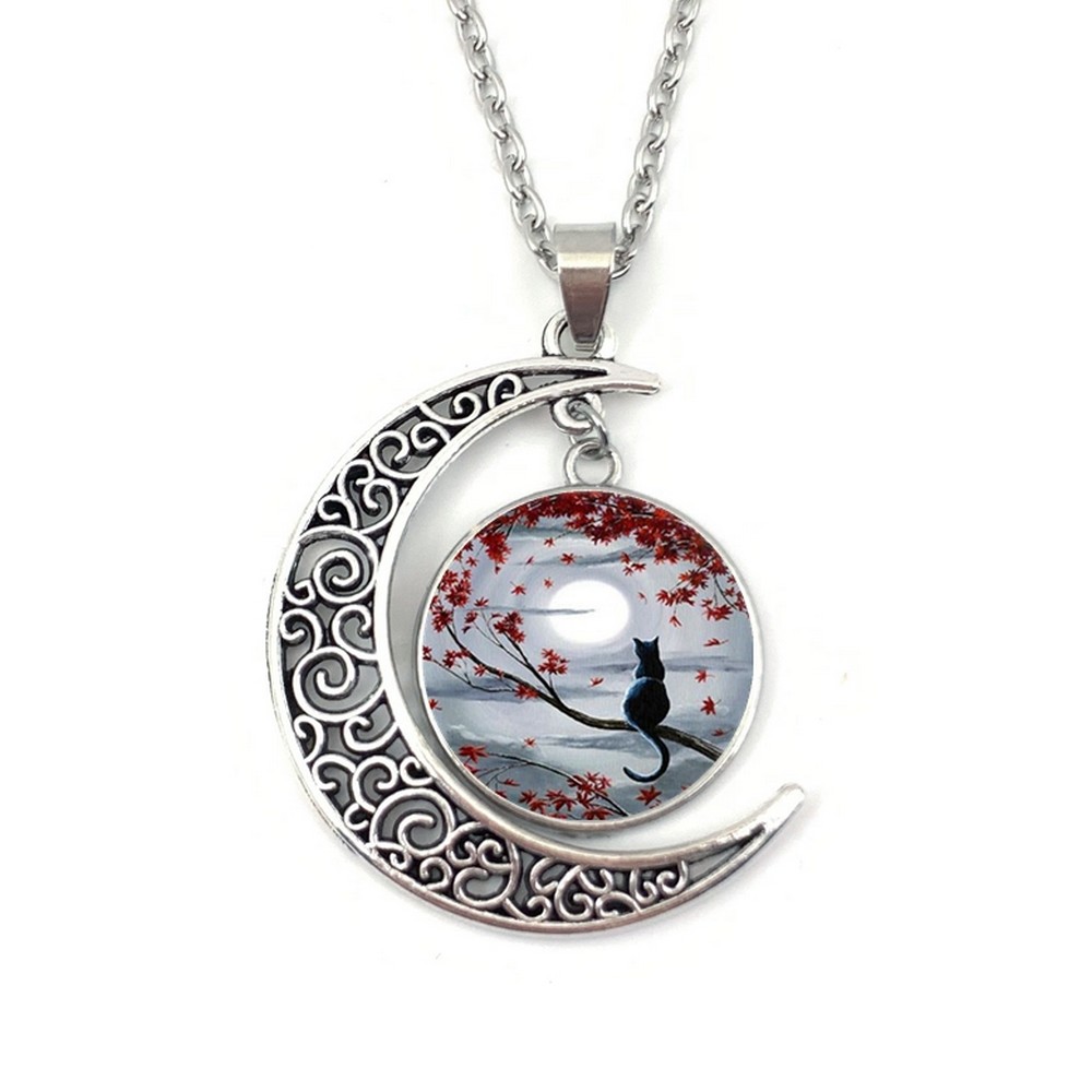 Collier pendentif Cabochon décor Chat et Lune rouge - La BoutiK du Chat