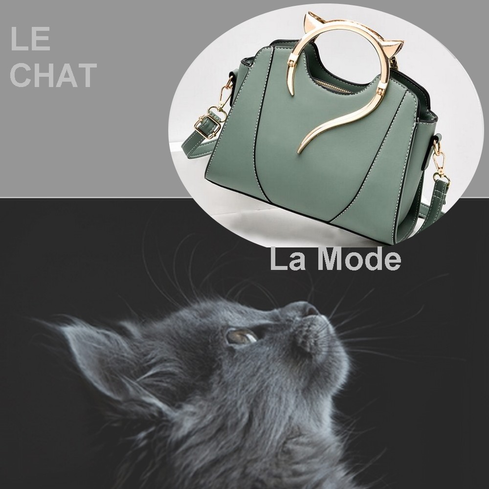 Sac à main poignée VERT dorée Tête de CHAT en Cuir PU - Bandoulière BOUTIK