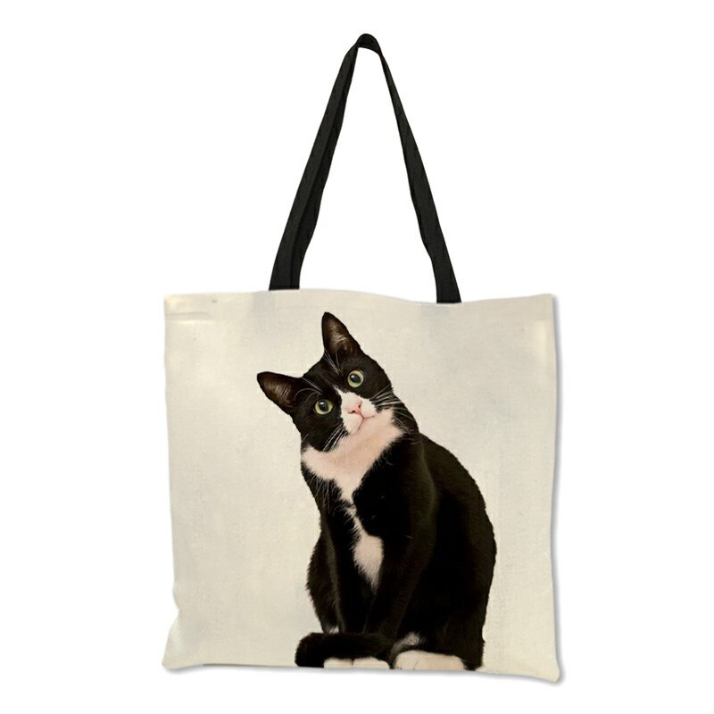 Sac de shopping motif impression chat noir et blanc