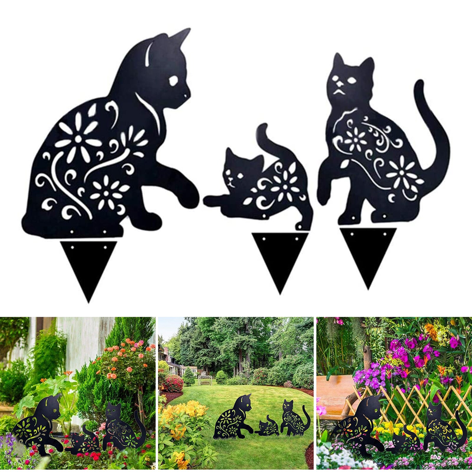 Décoration de jardin famille de chat en métal à planter