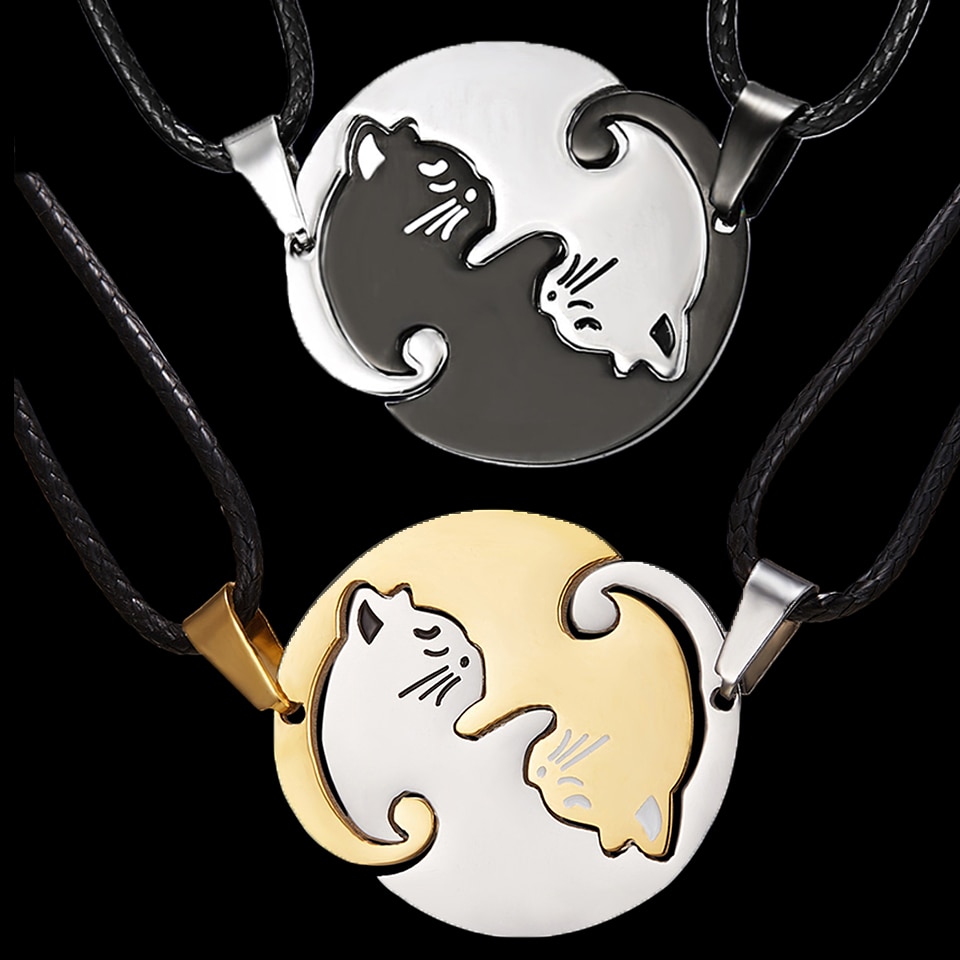 Collier-deux-chats-pour-Couples-noir-et-blanc-pendentif-en-forme-d-animal-ras-du-cou