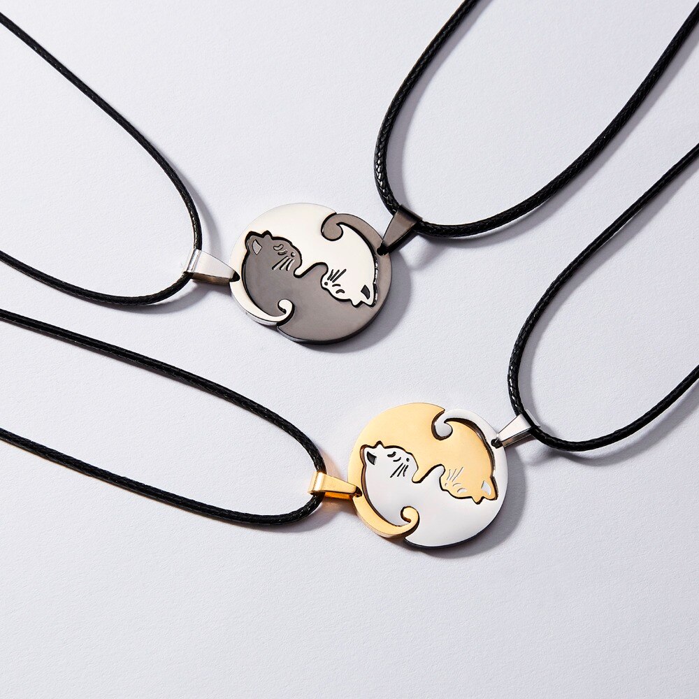 Collier-deux-chats-pour-Couples-noir-et-blanc-pendentif-en-forme-d-animal-ras-du-cou