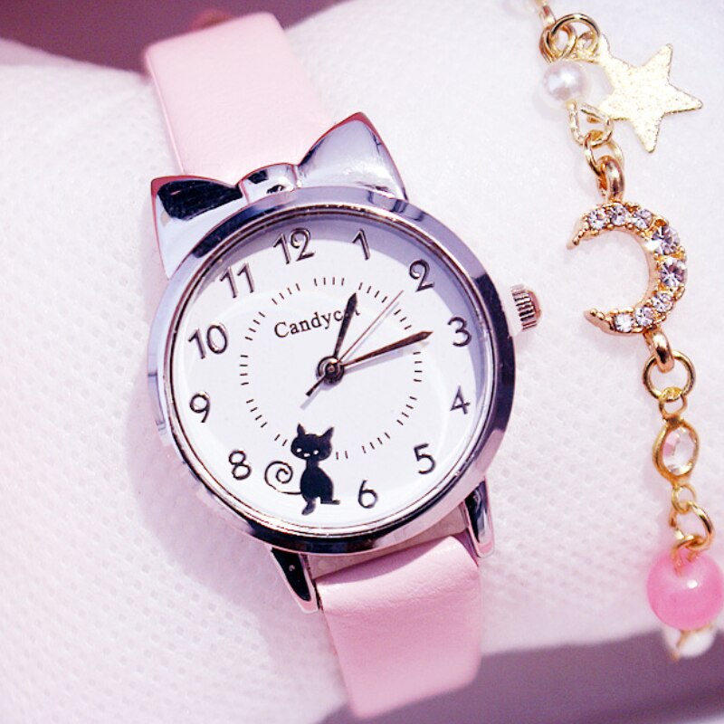 Montre-bracelet-en-cuir-pour-enfants-rose-chat-noir-Quartz-cadeau-pour-filles-promo