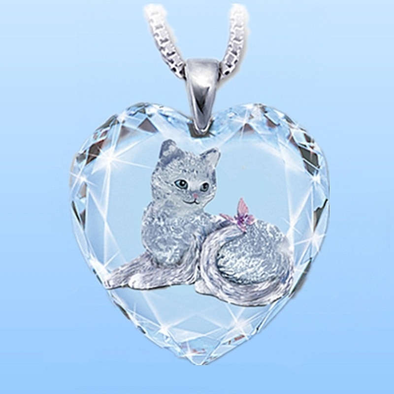Collier-Pendentif coeur en cristal blanc motif de CHAT