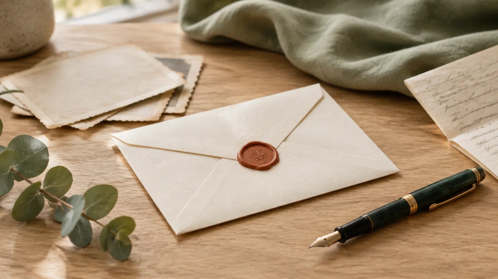 Enveloppe cachetée à la cire, stylo plume et eucalyptus : une lettre du parrain ou de la marraine à ouvrir aux 18 ans de l’enfant