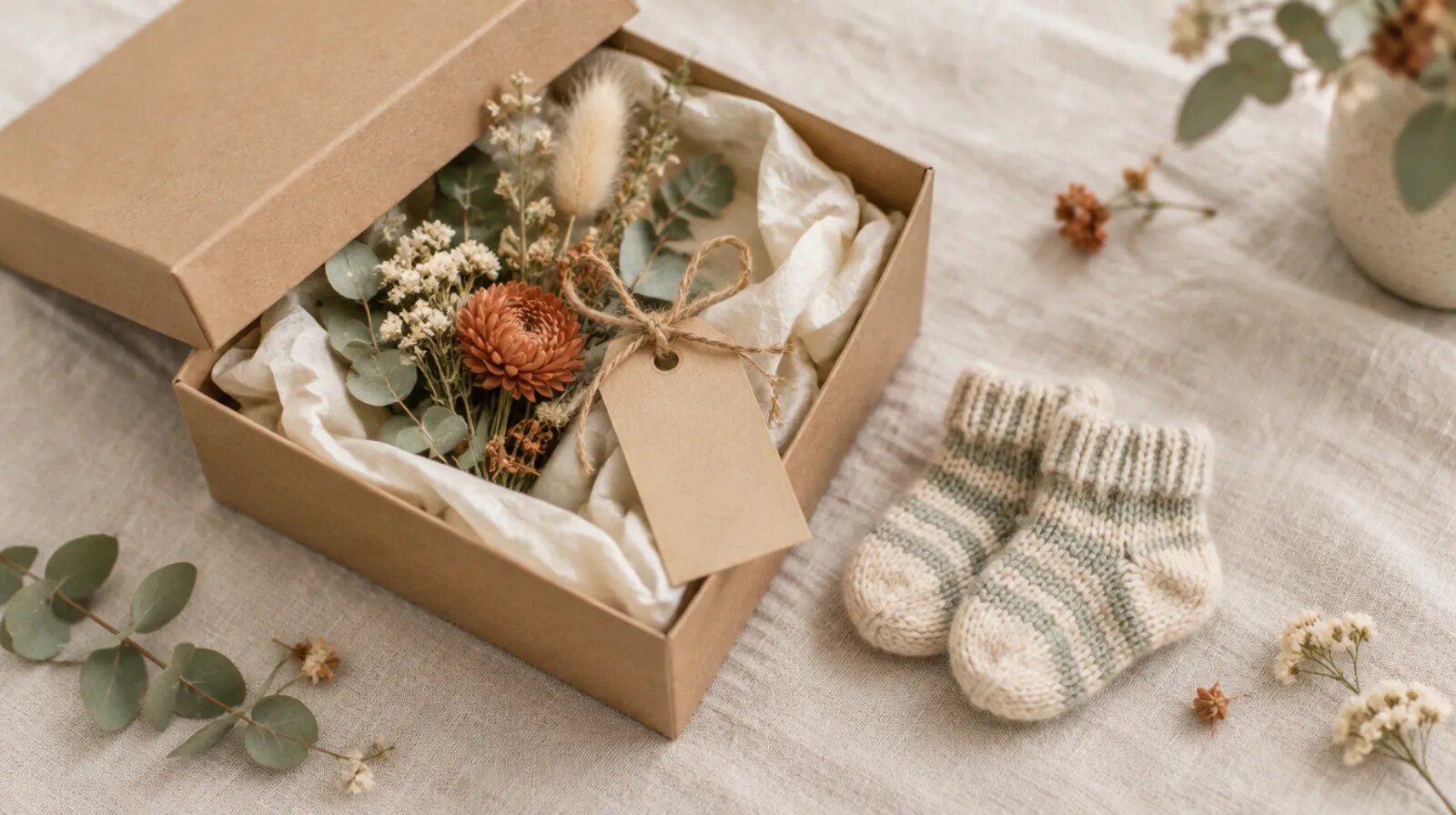 Boîte en kraft garnie de fleurs séchées et petits chaussons tricotés, pour demander à quelqu’un d’être parrain ou marraine