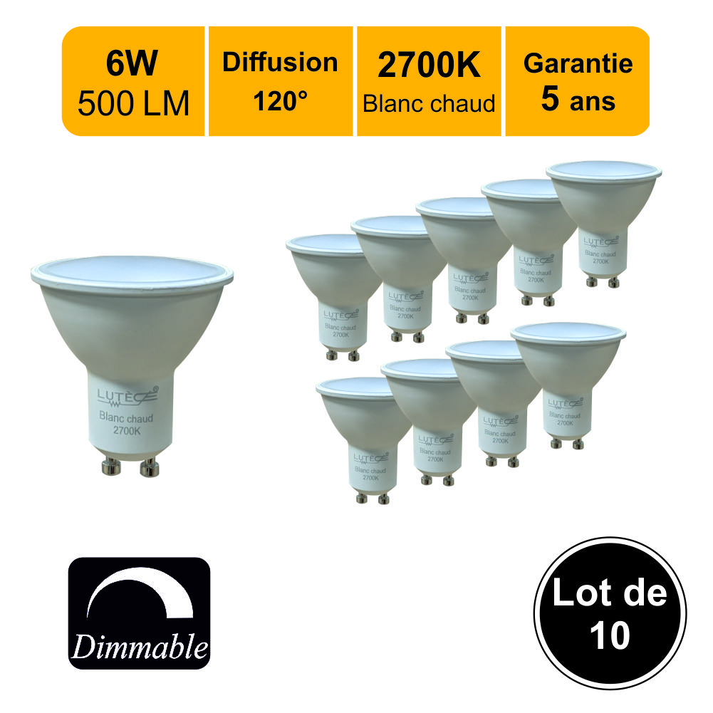 Lot de 12 ampoules LED GU10 Dimmable 6W (equiv. 50W) 460Lm 2700K