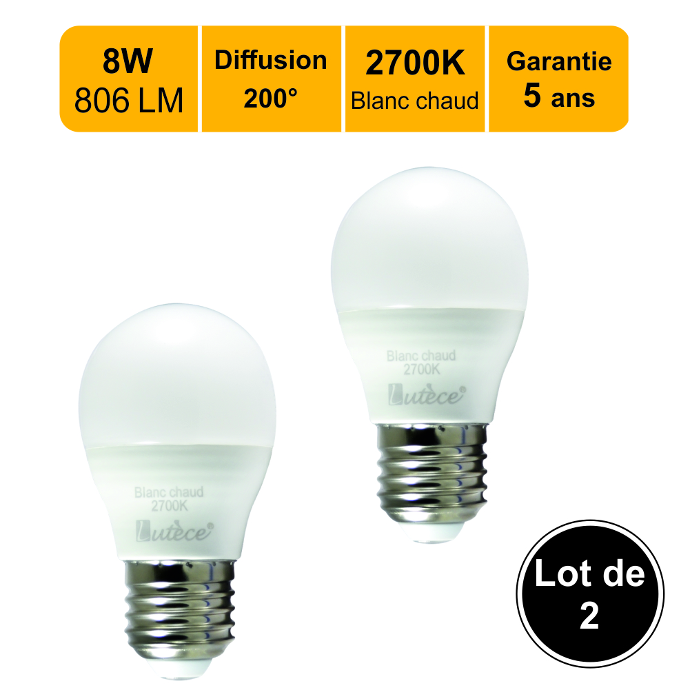 Lot de 2 ampoules LED E27 globe 8W (equiv. 60W) 806Lm 3000K