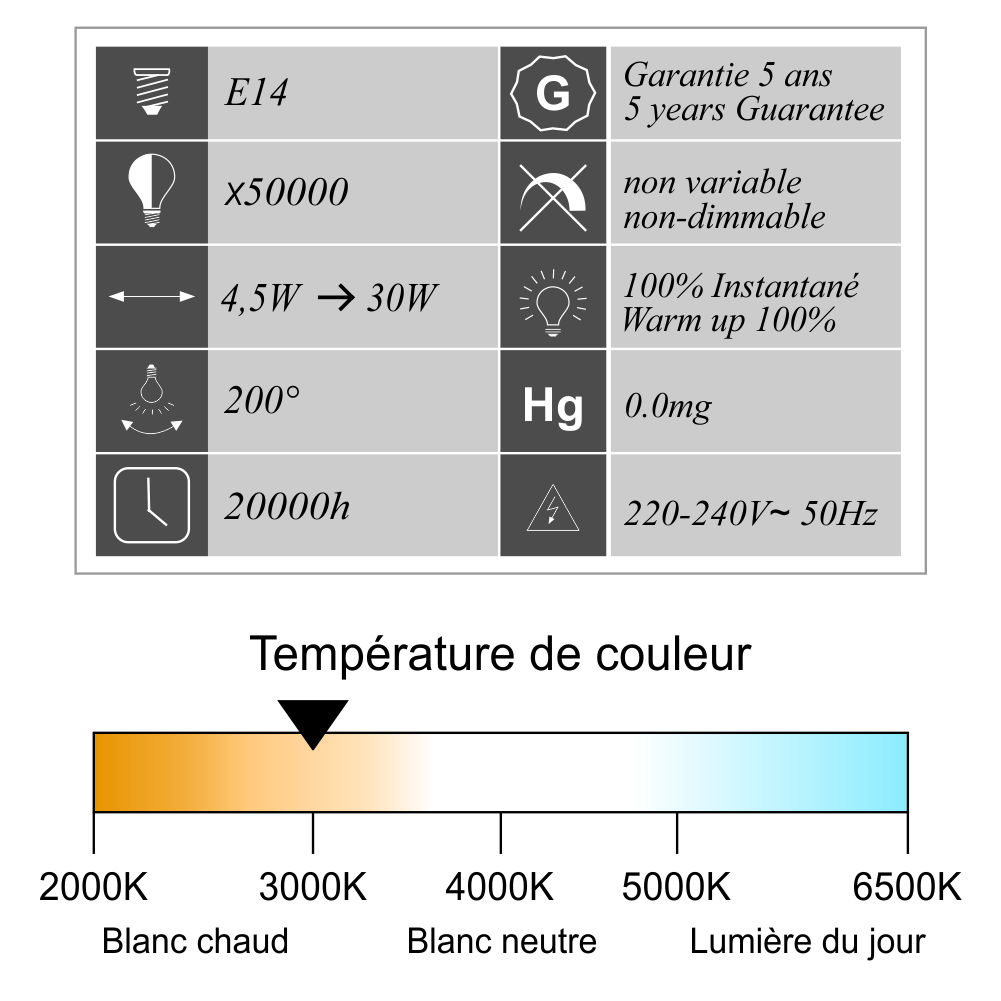 Lot de 10 ampoules LED E14 4,5W 330Lm 3000K - garantie 5 ans