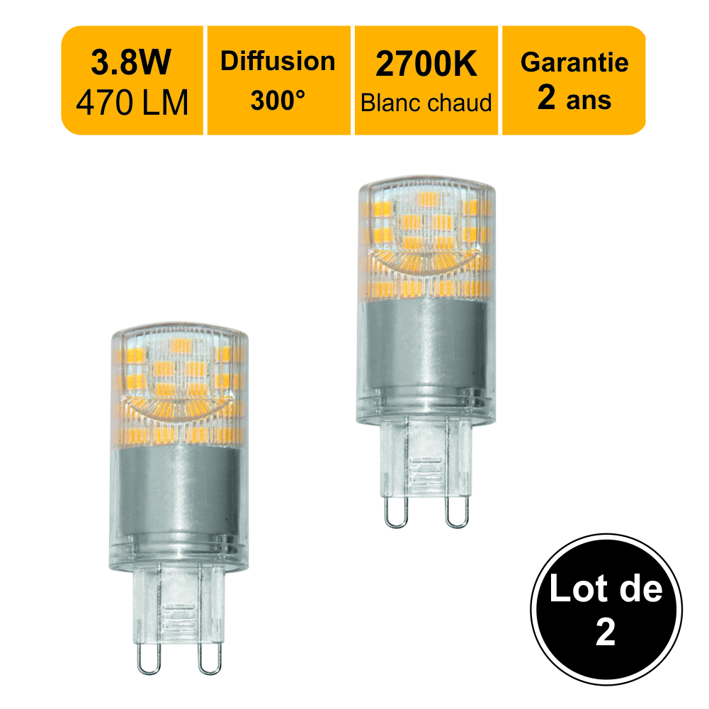 Lot de 2 ampoules LED G9 4,5W capsule (equiv. 35W) 300Lm 3000K