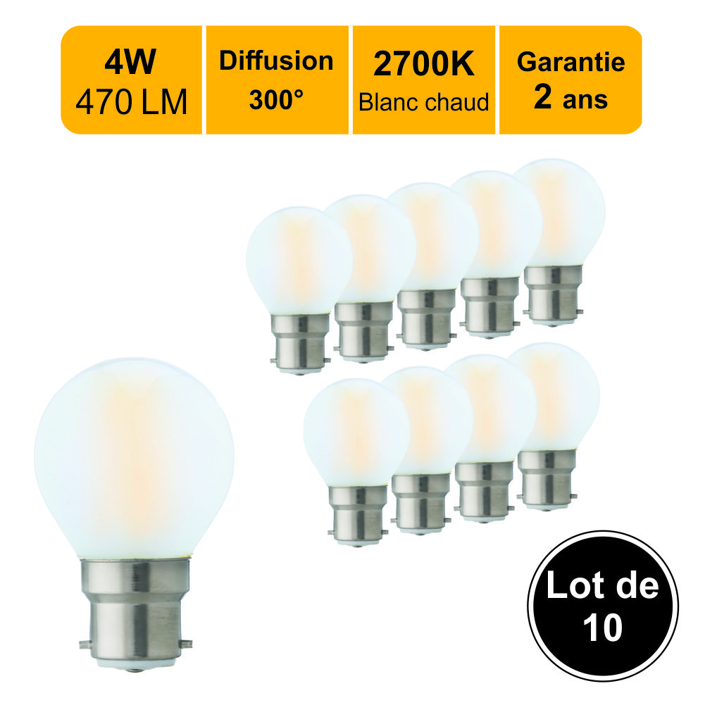 Lot de 12 ampoules LED filament B22 4W (equiv. 40W) 470Lm 2700K - garantie  2 ans
