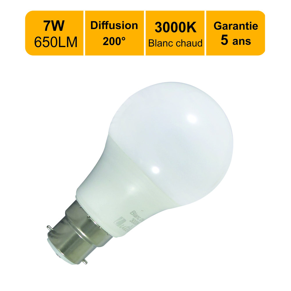 Lot de 12 ampoules LED B22 7.5W (equiv. 45W) 650Lm 3000K - Grantie 5 ans