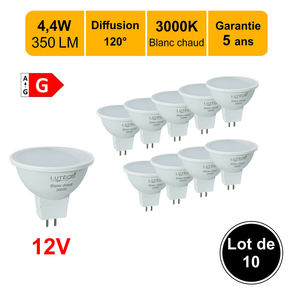 Lot de 12 ampoules LED GU5.3 (MR16) 5W (equiv. 50W) - 120° - 400Lm 3000K -  garantie 5 ans