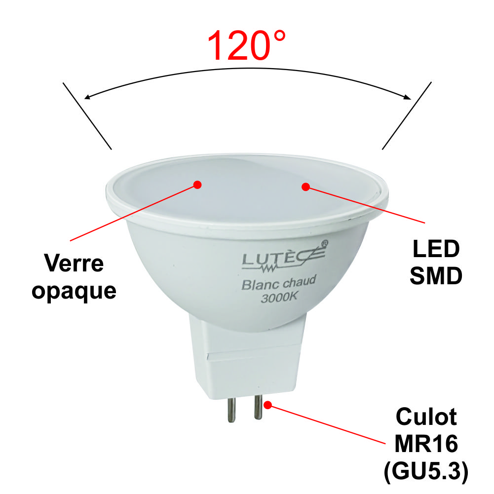Lot de 2 ampoules LED GU5.3 (MR16) 5W (equiv. 50W) - 120° -400Lm