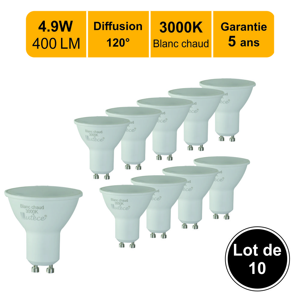 Lot de 12 ampoules LED GU10 5W (equiv. 50W) - 120° - 400Lm 3000K - garantie  5 ans