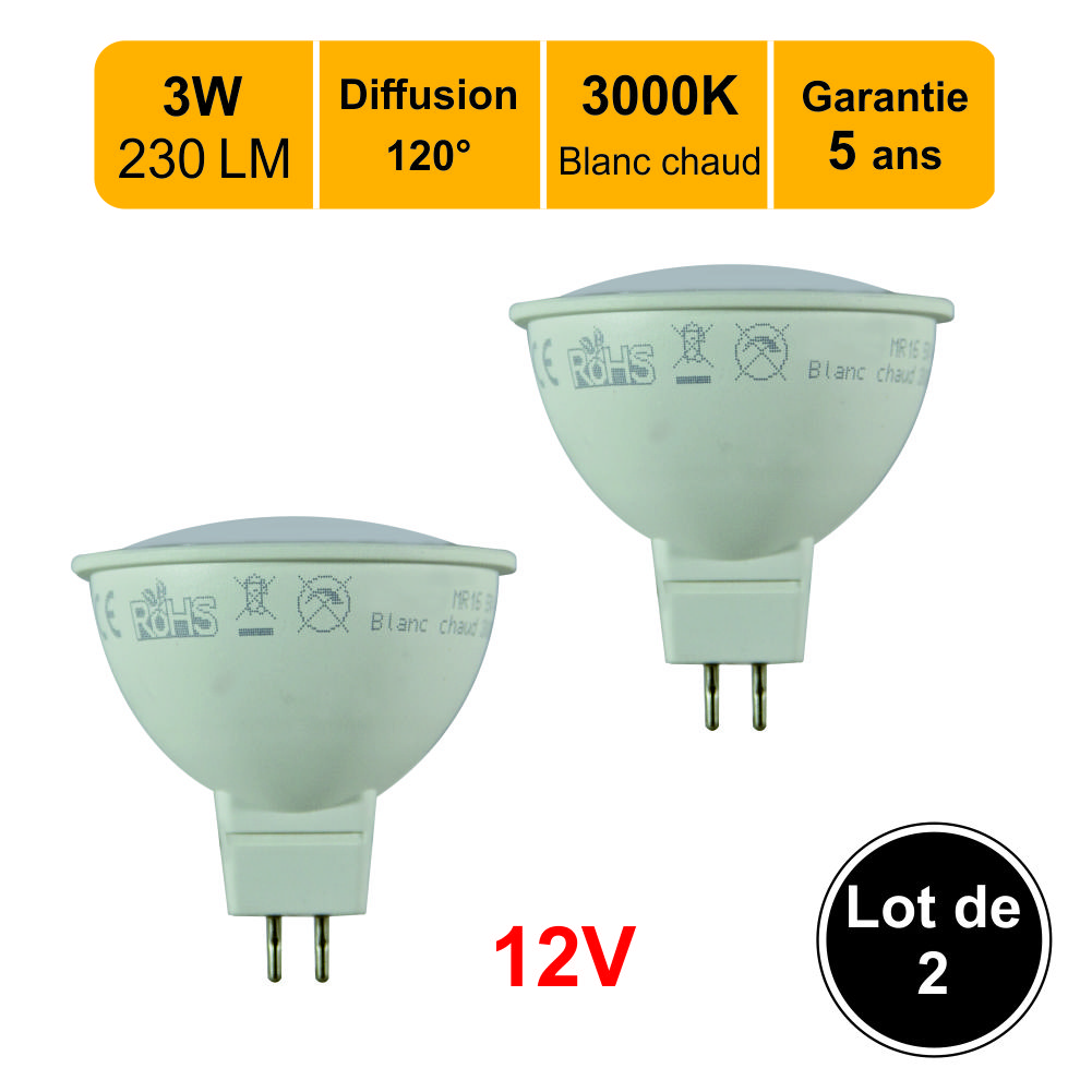 Lot de 2 ampoules LED GU5.3 (MR16) 3W (equiv. 30W) 230Lm 3000K
