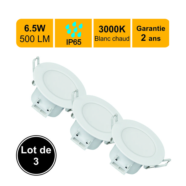 Lot de 3 spots LED encastrable - spécial salle de bain - 6.5W (Equiv. 50W)  500 LM Blanc chaud (3000K) IP65