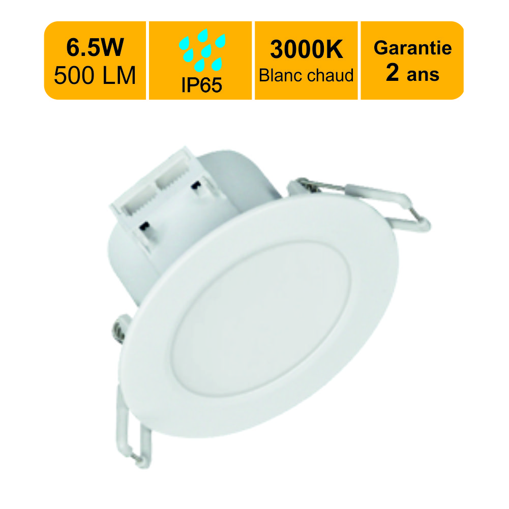 Spots LED encastrable IP65 - spécial salle de bain - 6.5W 500 LM 3000K -  garantie 2 ans