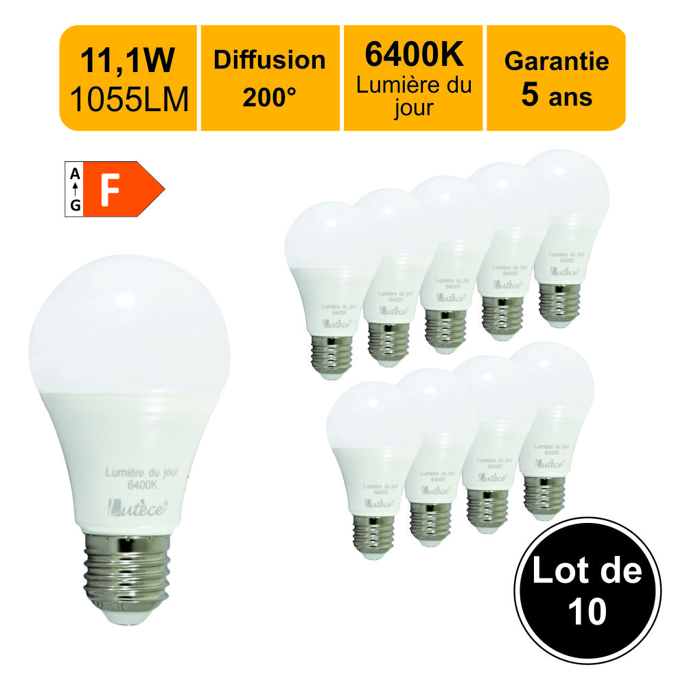 Lot de 10 ampoules LED 11,1W (équiv. 75W) E27 1055lm 6400K - garantie 5 ans  - Eclairages intérieur/Ampoules LED SMD - arc-group