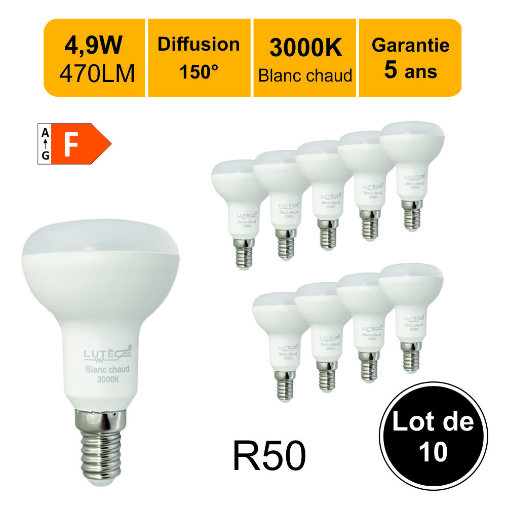 Lot de 10 ampoules LED E14 R50 4,9W (équiv. 40W) 470Lm 3000K - garantie 5  ans