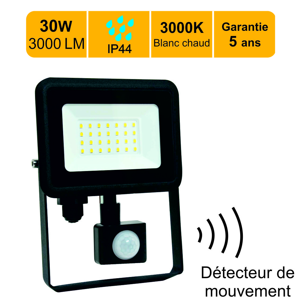 Projecteur Led Compact 30W Noir Detecteur de Mouvement Blanc Chaud 3000K