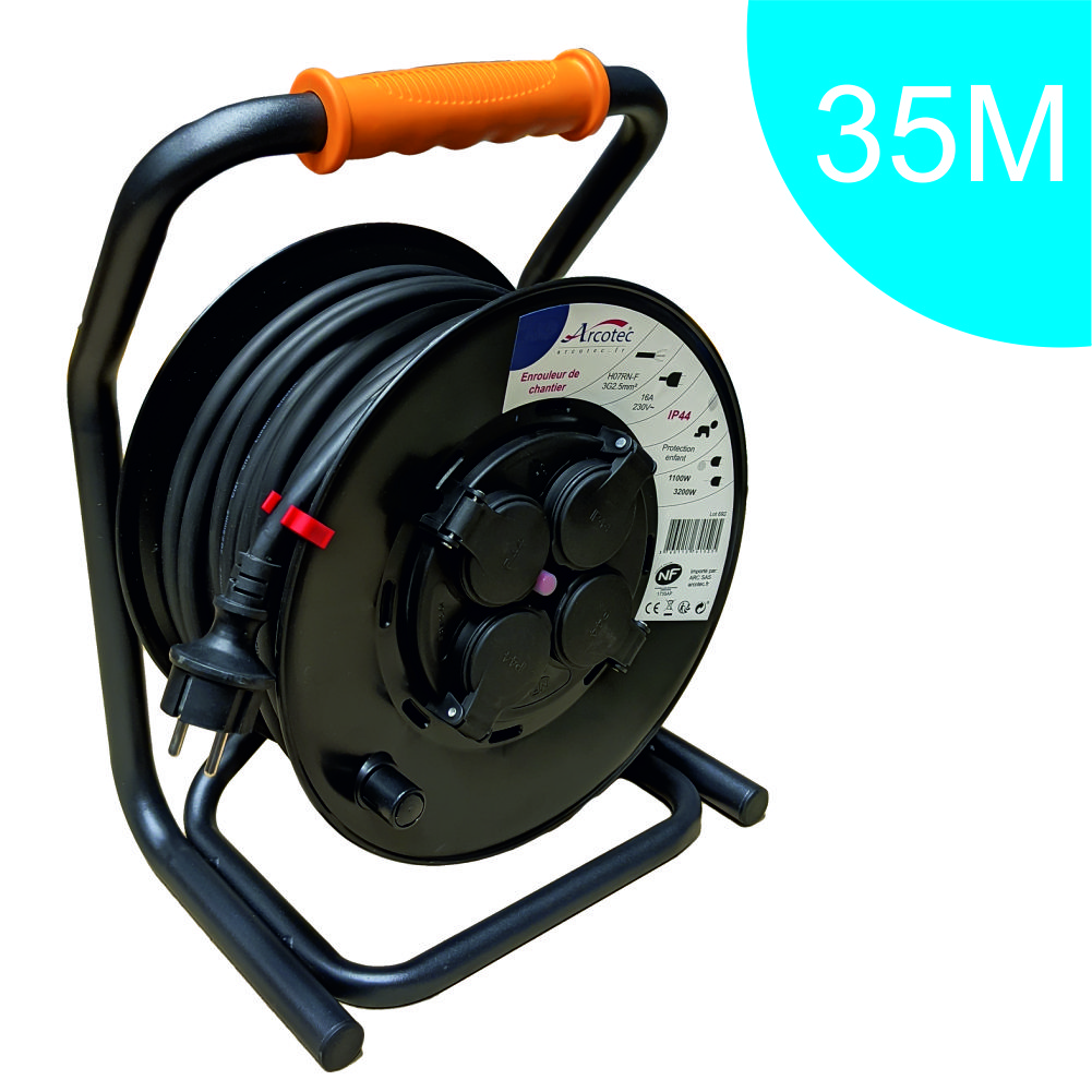 Enrouleur rallonge PRO de chantier IP44 - platine fine (anti twist) - câble  de 35m H07RN-F 3G2.50 mm² - 4 prises 16A IP44