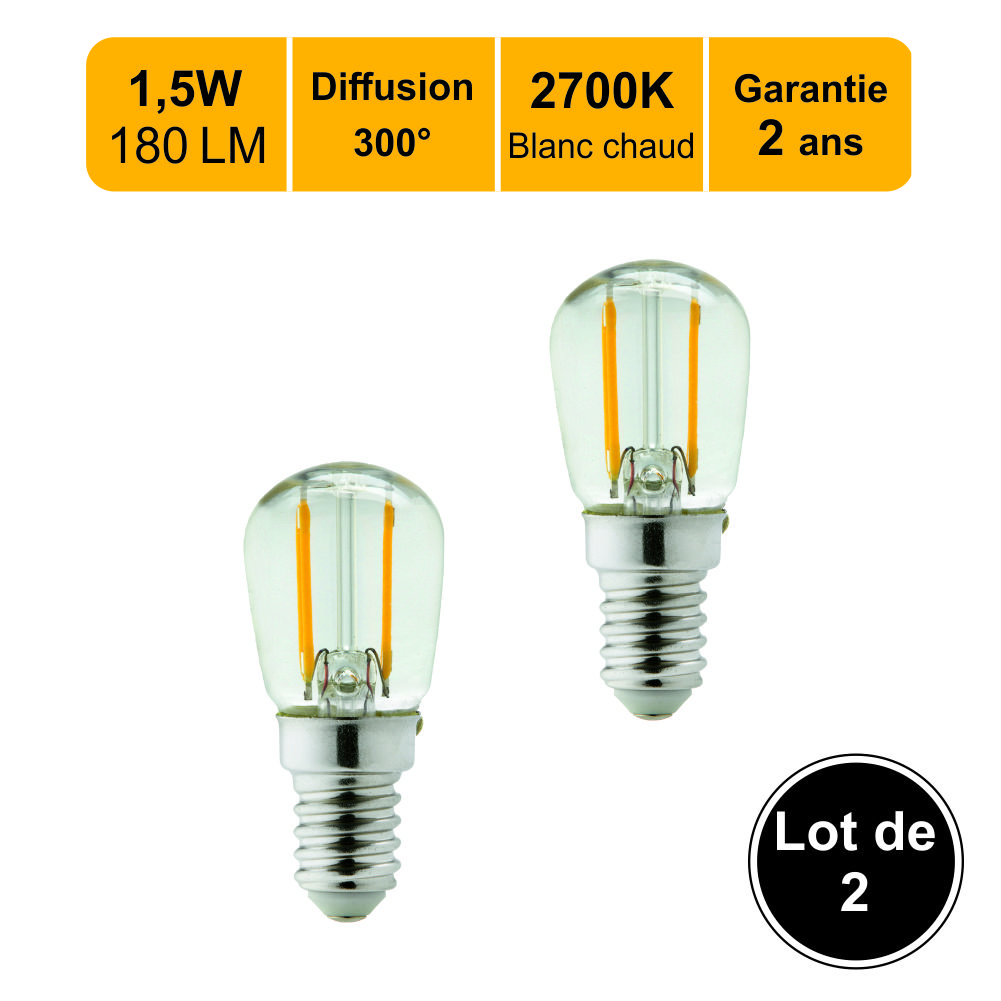 Lot de 2 ampoules LED filament E14 1.5W 180Lm 2700K - ST26 Frigo / Machine  à coudre - garantie 2 ans