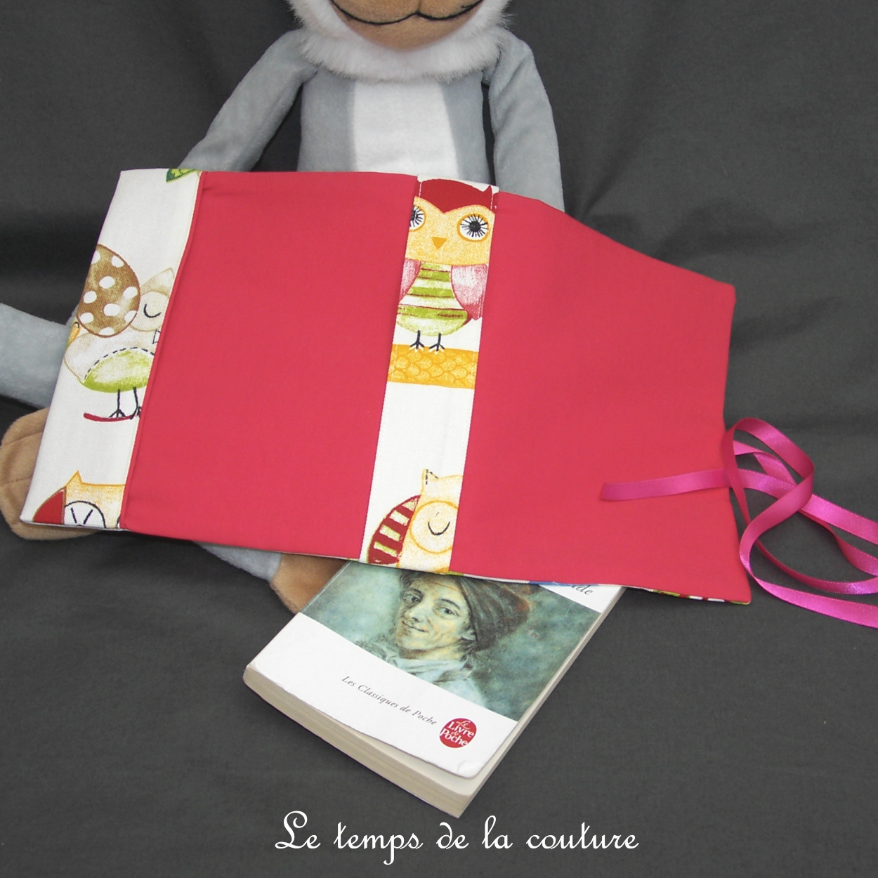 Protège livre - hibou chouette rose fuschia 03