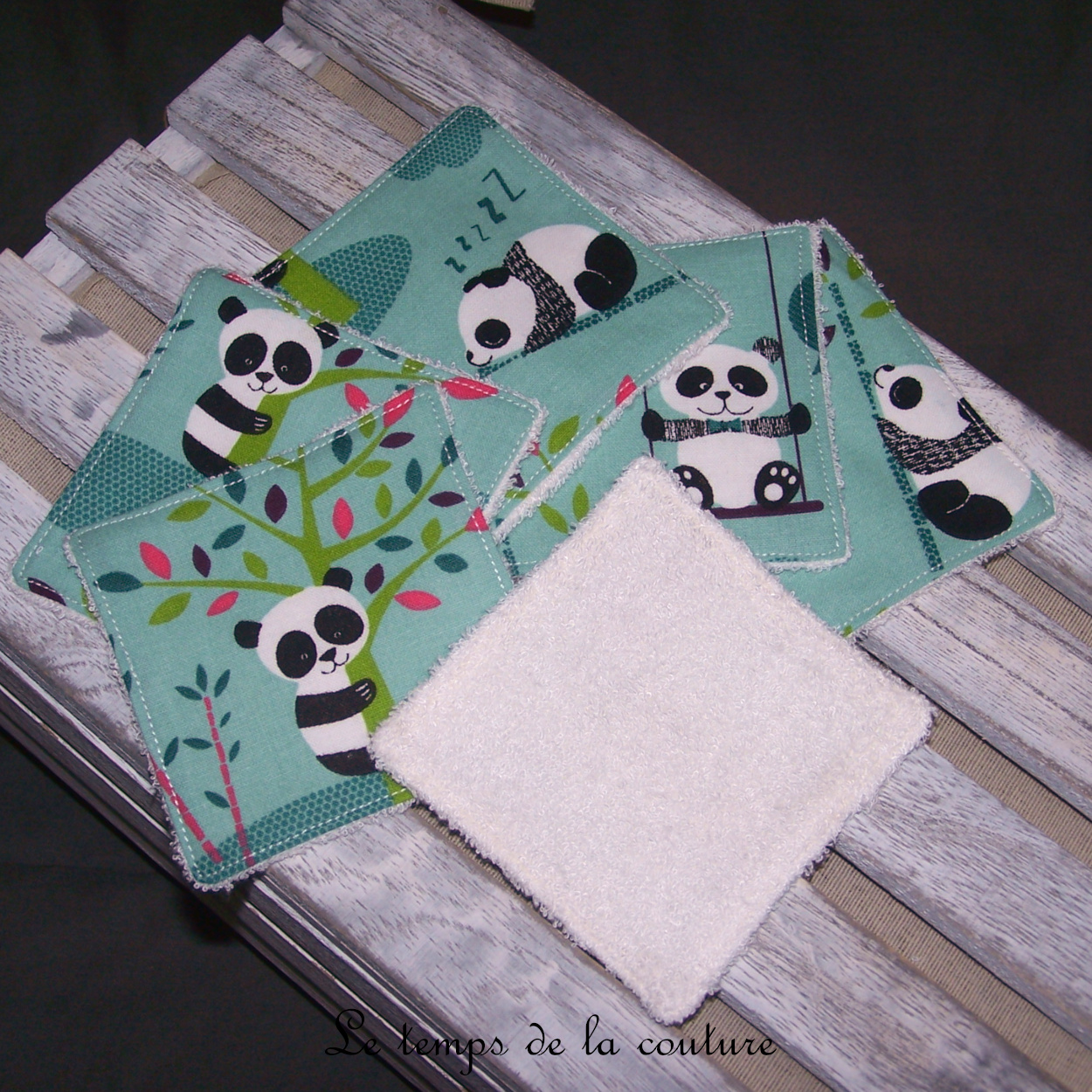 Lot de 6 lingettes lavables micro éponge de bambou motif panda ton vert multicolore
