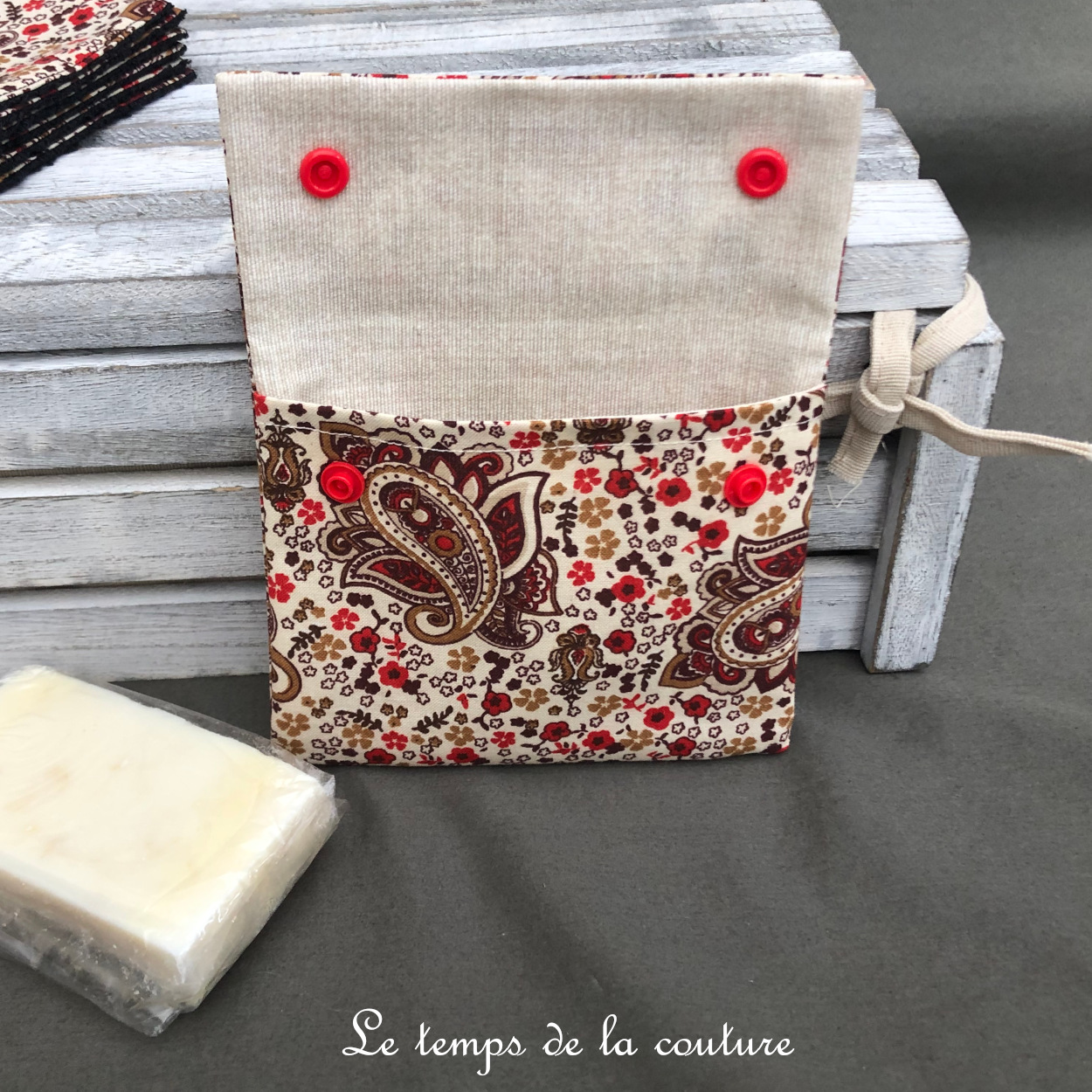 Sdb - pochette savon - ecru marron orange noir cachemire 01
