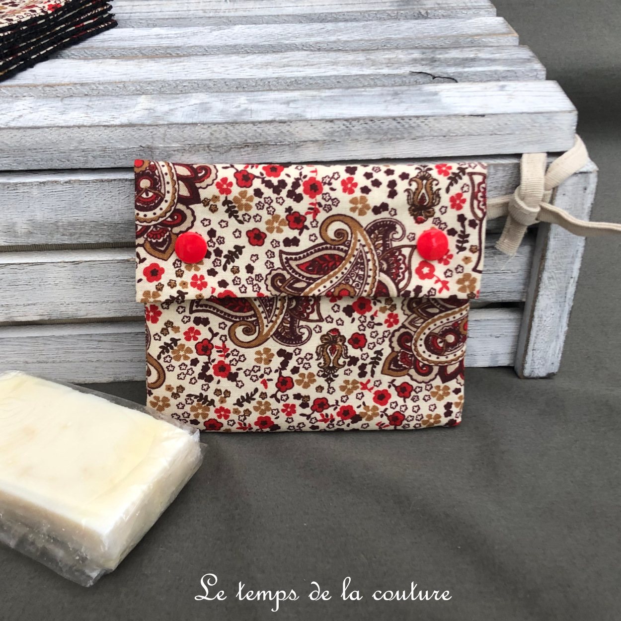Sdb - pochette savon - ecru marron orange noir cachemire 02