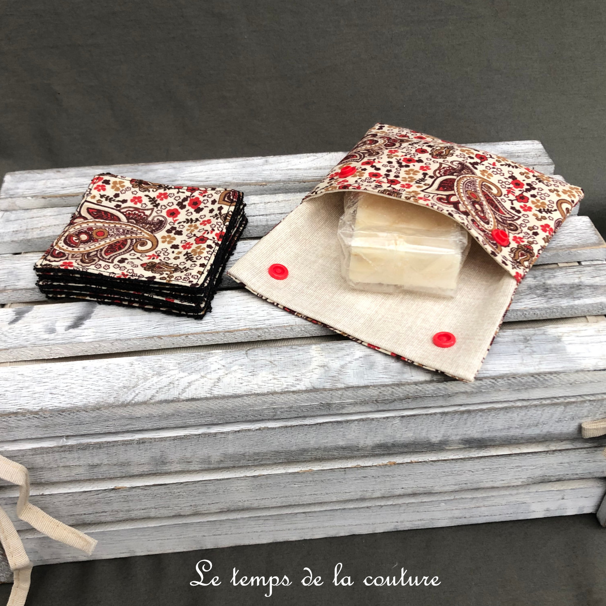 Sdb - lingette bambou pochette savon - ecru marron orange noir cachemire 01
