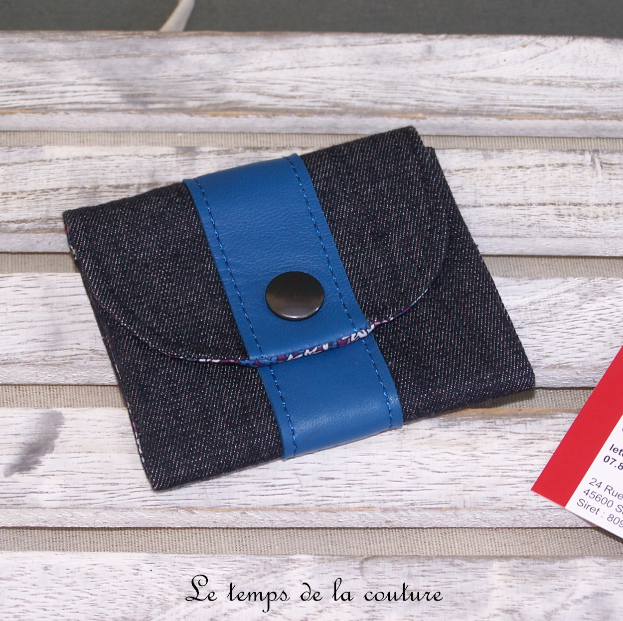 Cuir - Porte carte porte monnaie - bleu jean fleur violette rose - 00