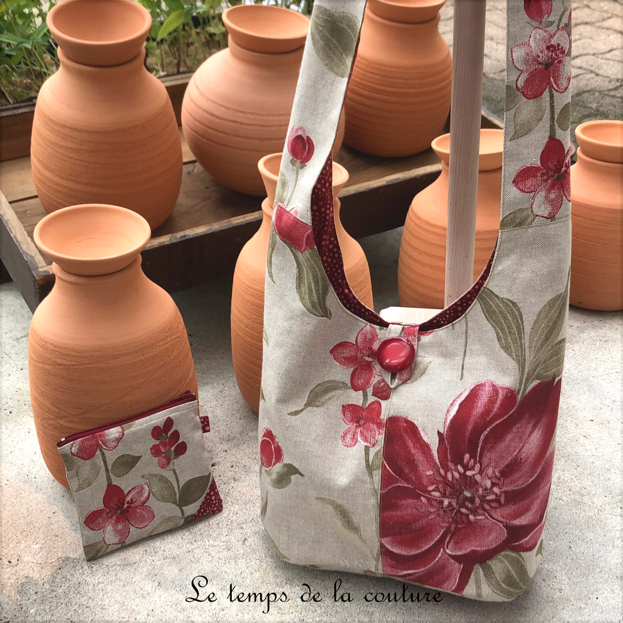Sac - boho petit - beige vert rouge fleur pivoine - 01