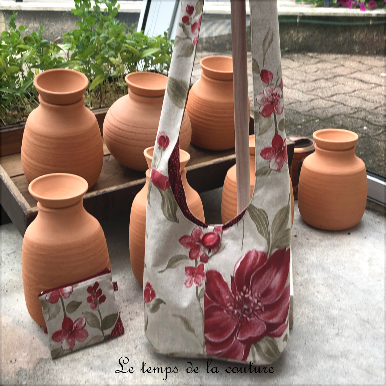 Sac - boho petit - beige vert rouge fleur pivoine - 03
