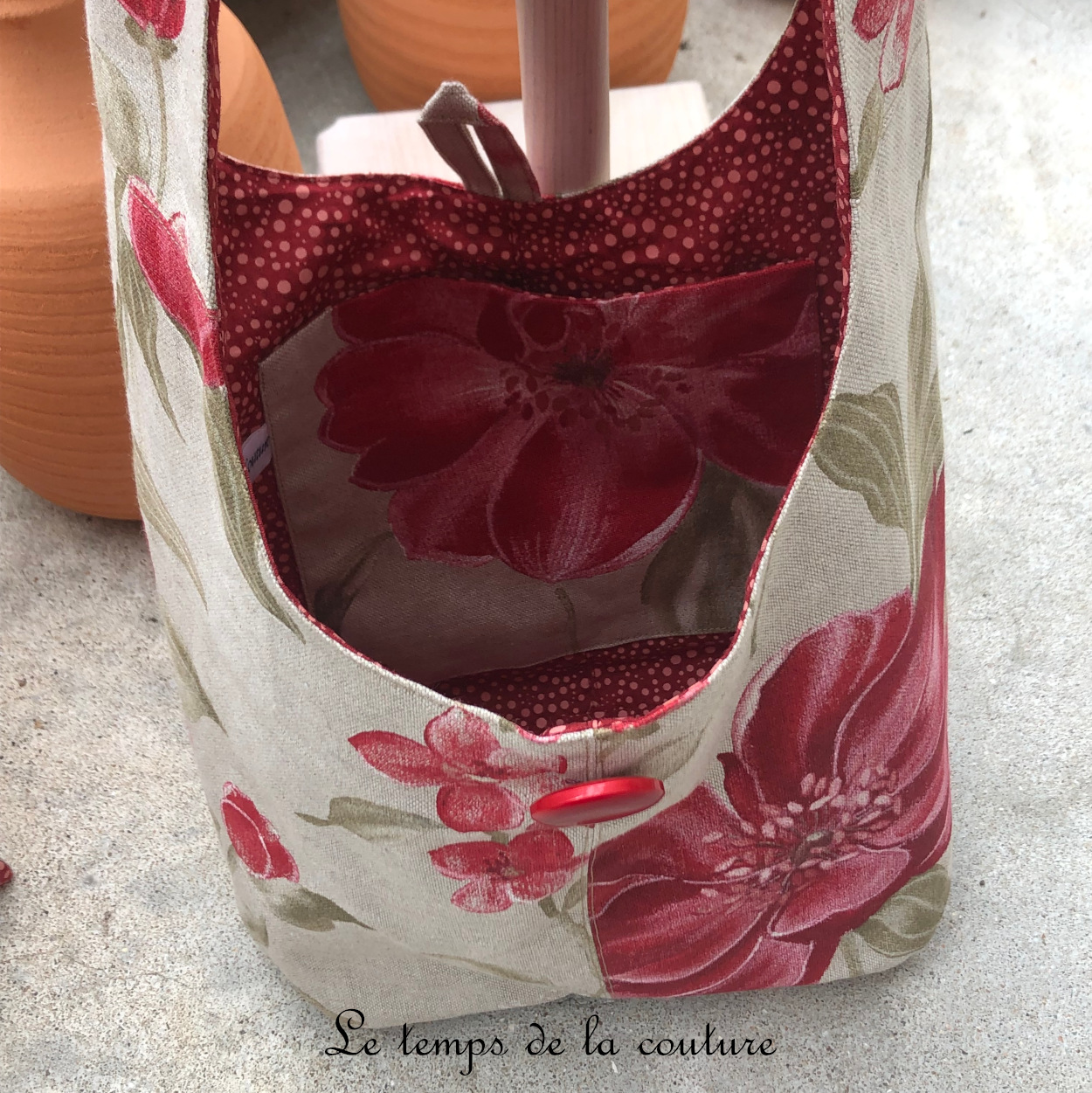 Sac - boho petit - beige vert rouge fleur pivoine - 04