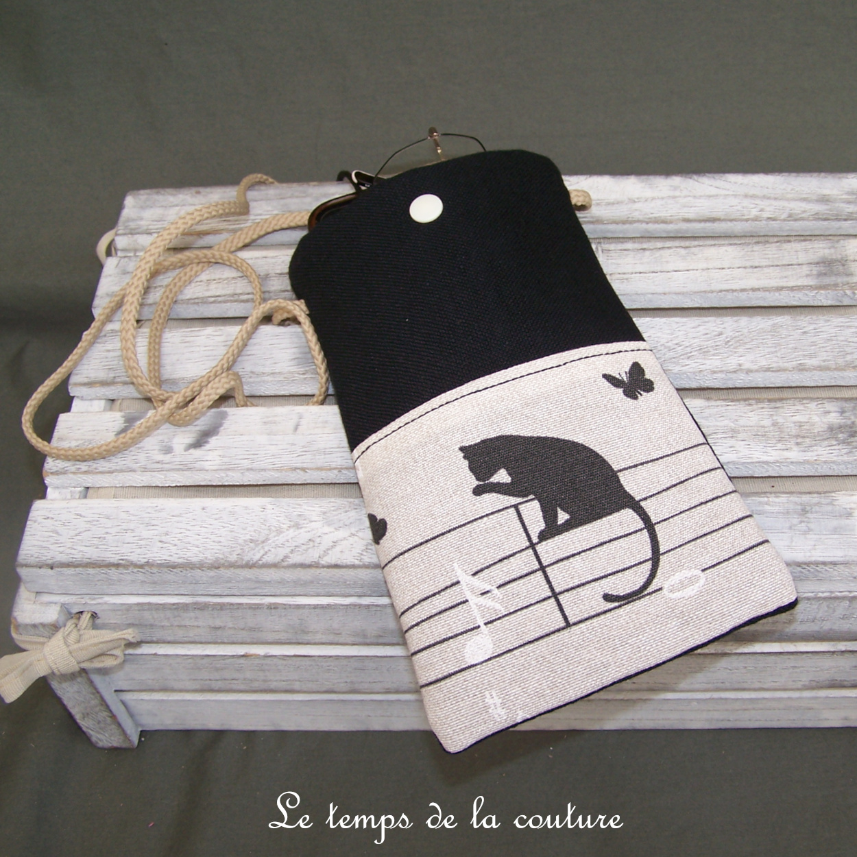 Pochette - telephone - noir beige imprimé chat 12