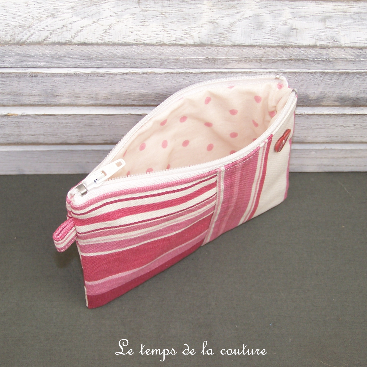 Pochette - droite - zippé - rose framboise écru rayure coeur - 03