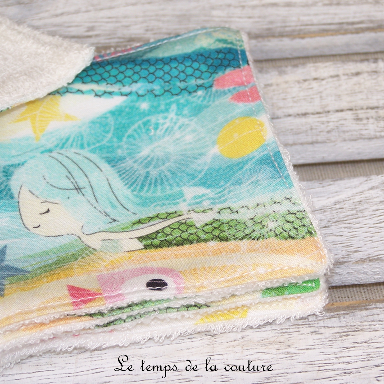 Sdb - lingette bambou - sirene poisson bleu jaune rose 02