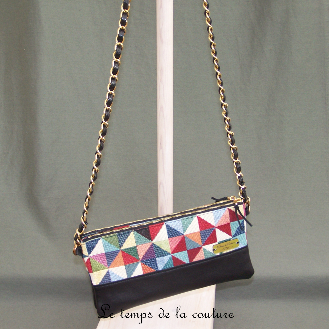 Cuir - Sac double pochette - noir jacquard multicolore triangle - 01