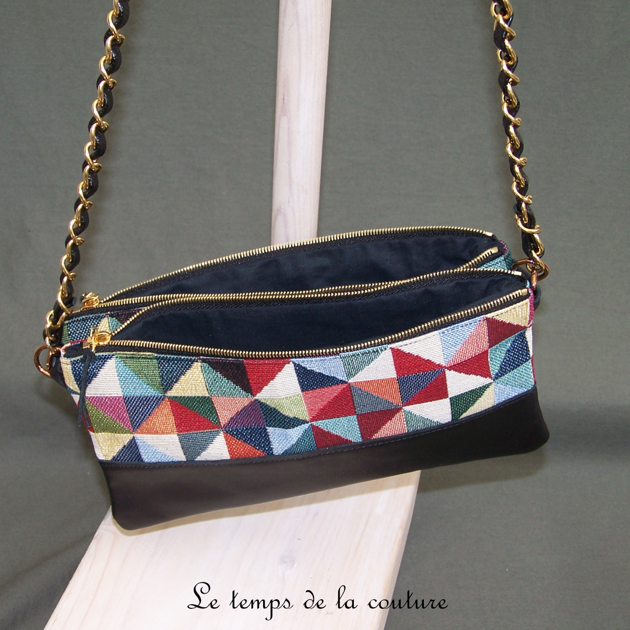 Cuir - Sac double pochette - noir jacquard multicolore triangle - 02
