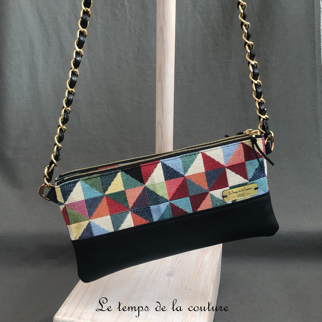 Cuir - Sac double pochette - noir jacquard multicolore triangle - 04