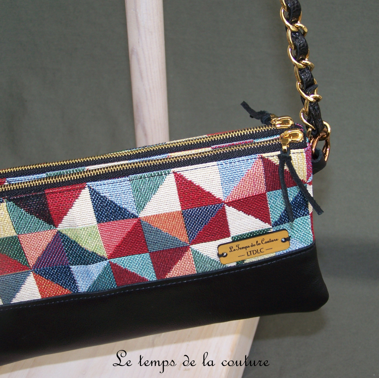 Cuir - Sac double pochette - noir jacquard multicolore triangle - 06