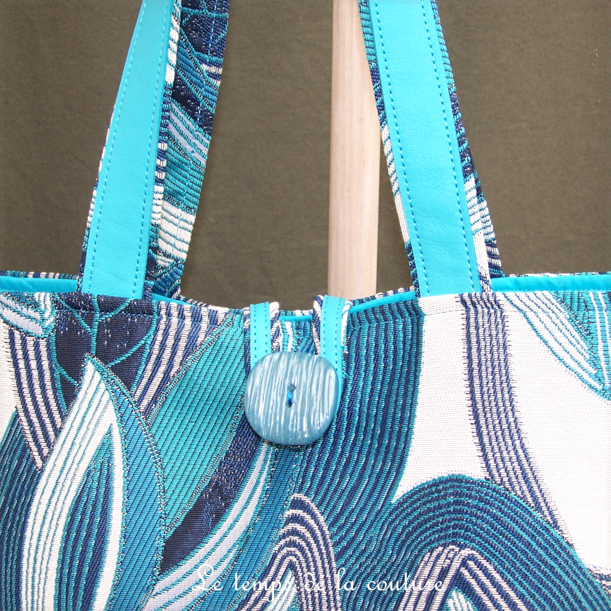 Cuir - Sac cabas - turqouise gris marine feuillage - 02