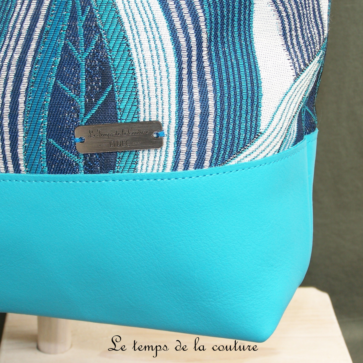 Cuir - Sac cabas - turqouise gris marine feuillage - 03