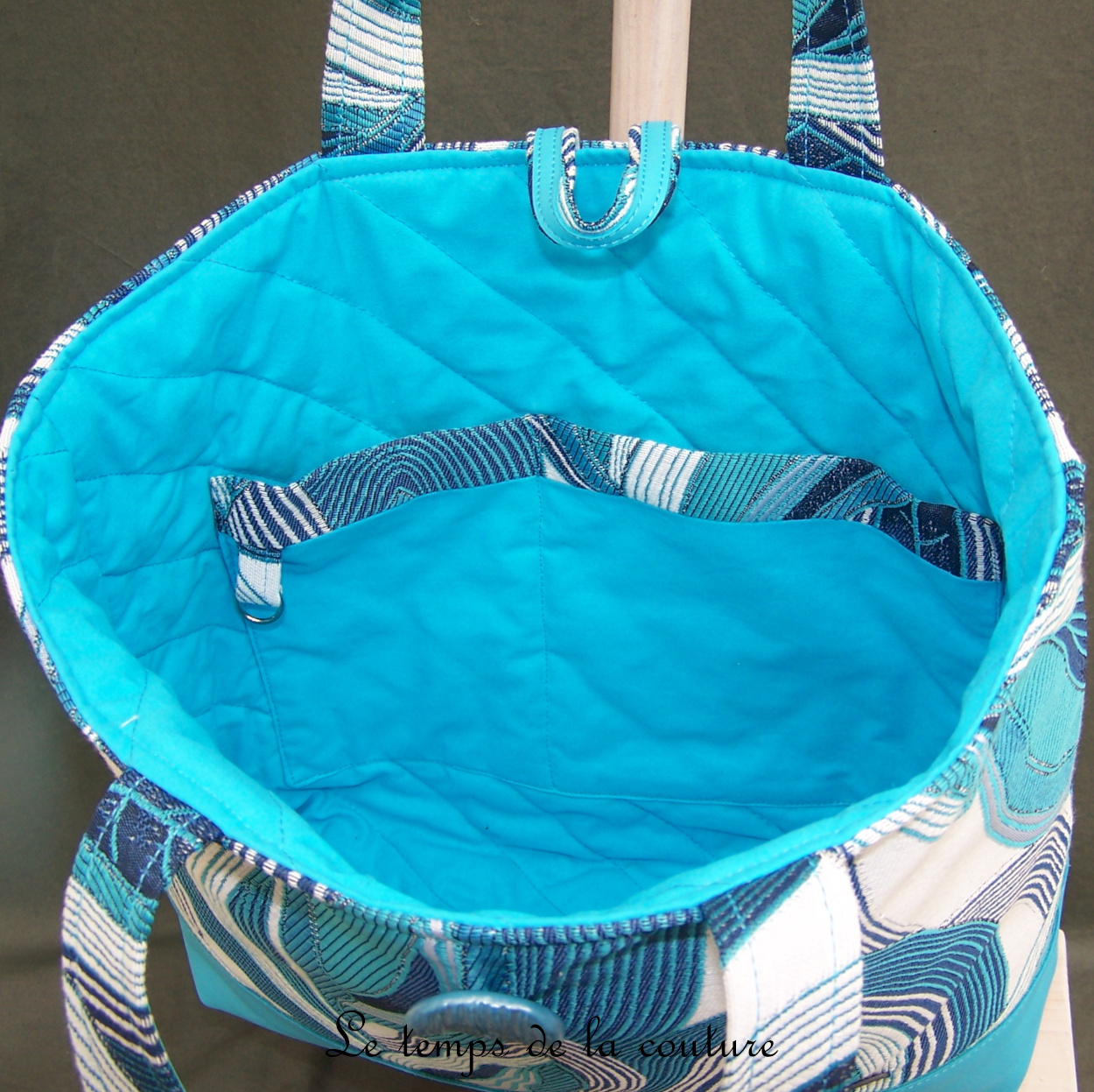 Cuir - Sac cabas - turqouise gris marine feuillage - 04