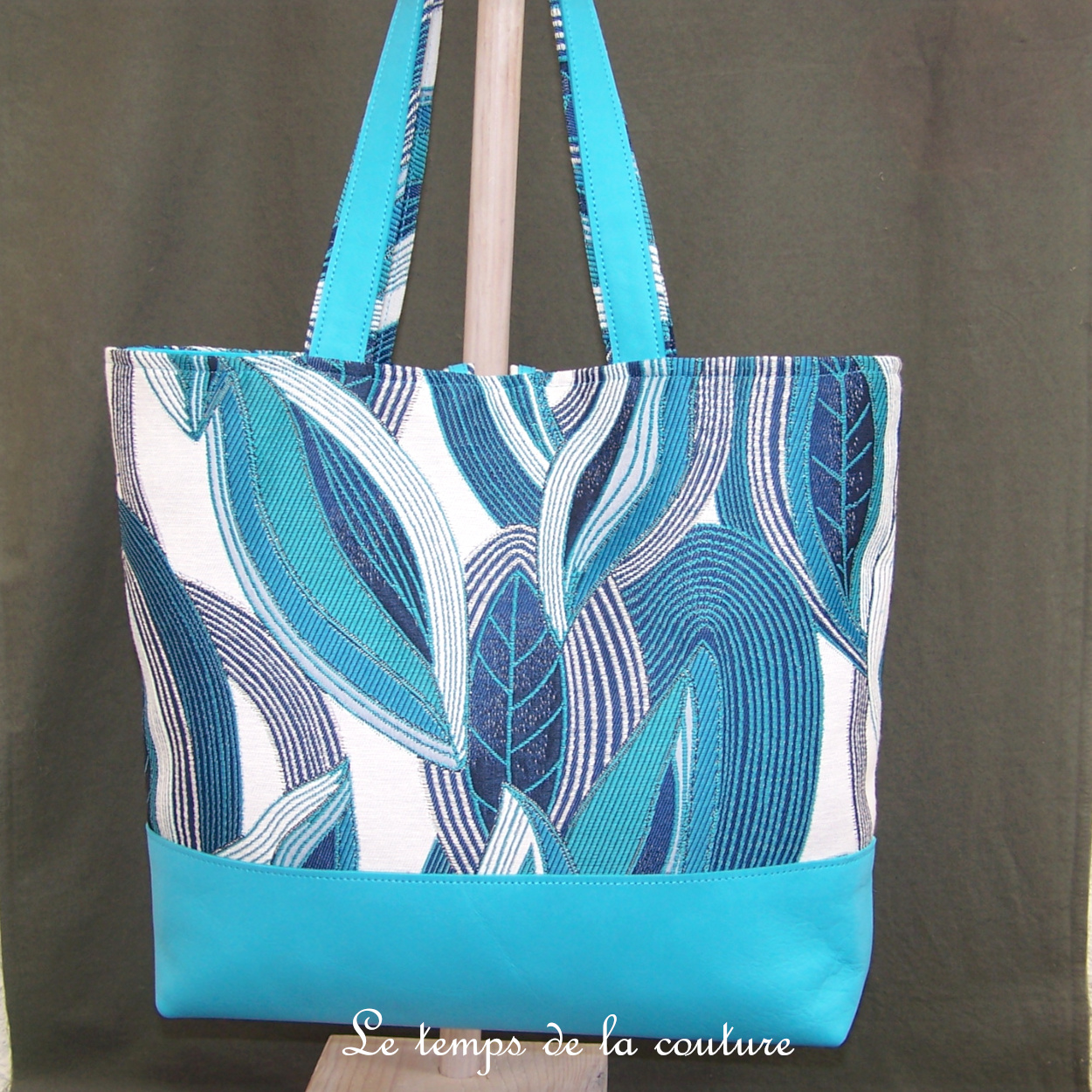 Cuir - Sac cabas - turqouise gris marine feuillage - 06