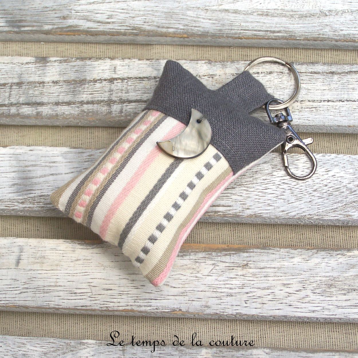 Porte clé - gris rayure ecru rose gris lune 02
